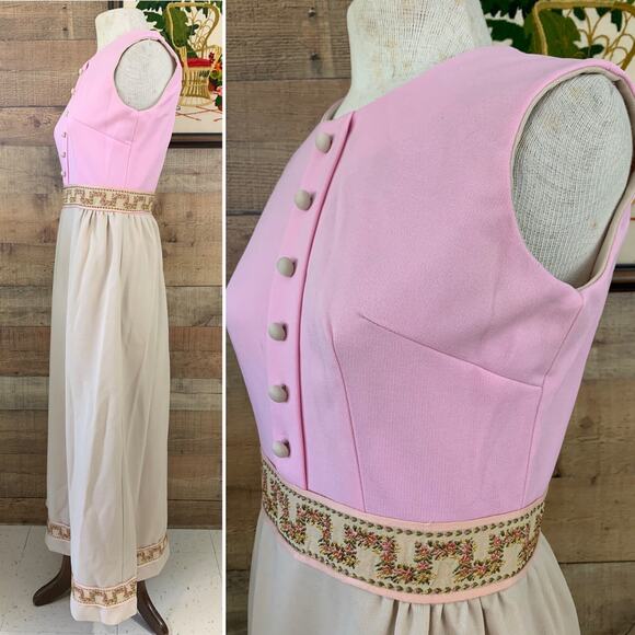 Vintage 1970’s Vicky Vaughn Romantic Embroidered Maxi Dress Mod - Picture 3 of 9